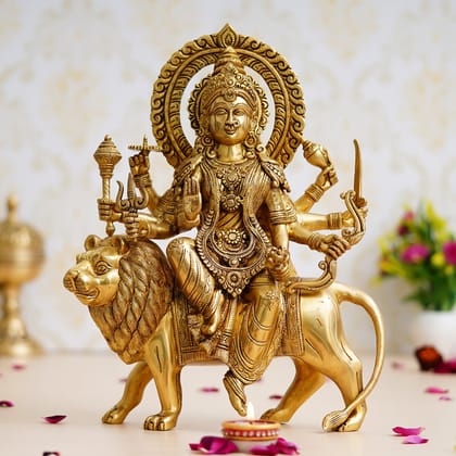Golden Brass Goddess Durga on Lion Statue