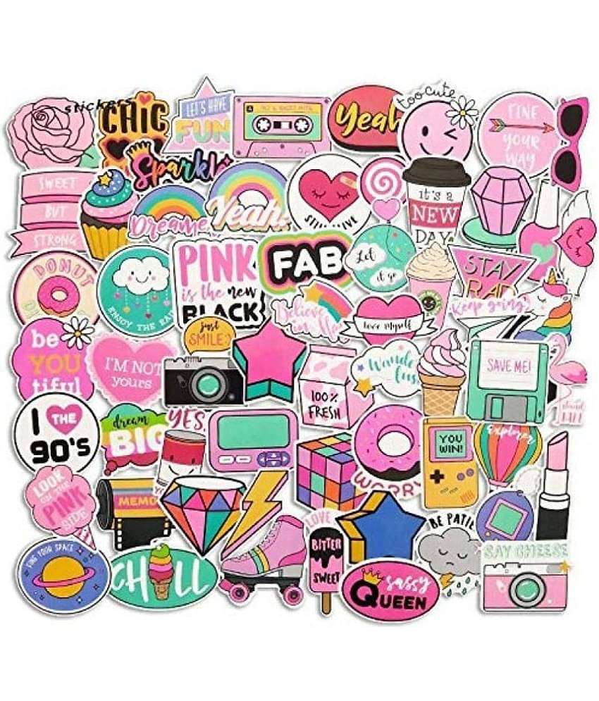iDream Girls Kawaii Pink Fun PVC Waterproof Sticker for Toys, Mobile, Laptop, Luggage, Moto Car, Suitcase etc. (Set of 60)
