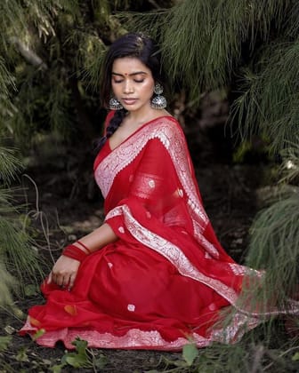 Red colour saree | Art silk | White border| Party wear saree