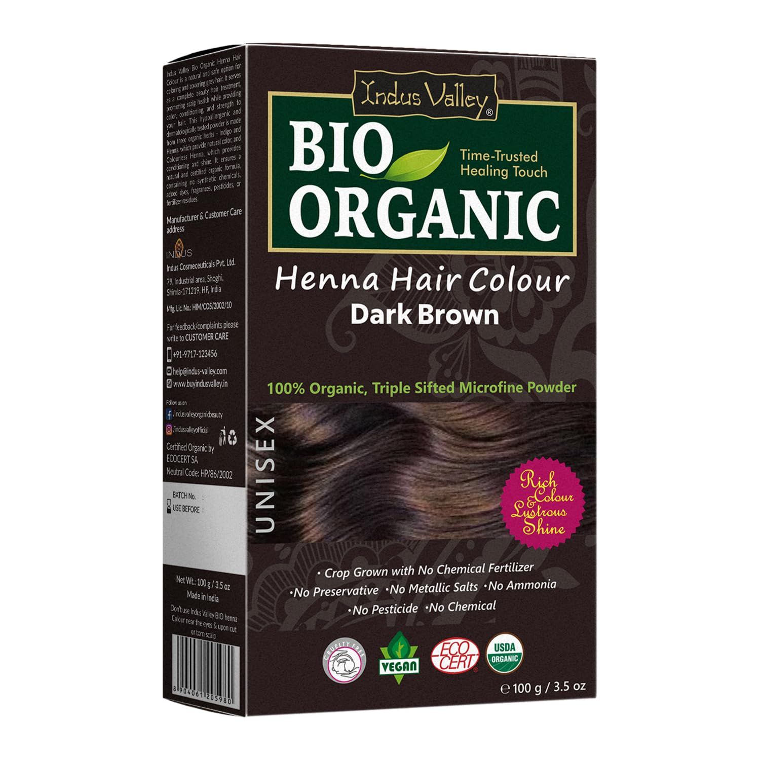 INDUS VALLEY 100% Organic Henna Hair Color Dark Brown Nourishes and Moisturizes Hairs Triple Sifted Microfine Powder (100g) INDUS VALLEY 100% Organic Henna Hair Color Dark Brown Nourishes and Moisturizes Hairs Triple Sifted Microfine Powder (100g) - Dark