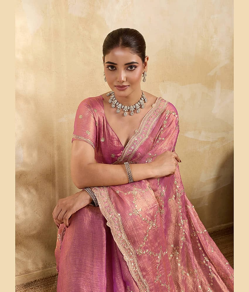 TTH Jimmy Choo Embellished Regular Saree With Unstitched Blouse Piece ( Lavender )