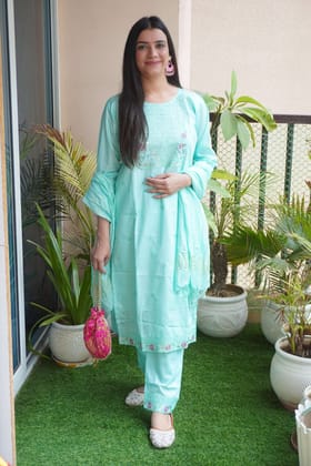Sea Green Colour Thread & Sequence Work Straight Kurta Set with Pant & Dupatta-XL / Sea Green