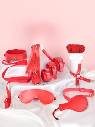 10 PCS RED LEATHER BDSM & BONDAGE KIT-Free Size / Red