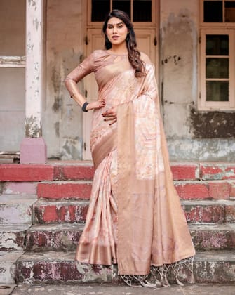 Elegant Beige Banarasi Silk Saree with Tassels and Zari Work-Regular