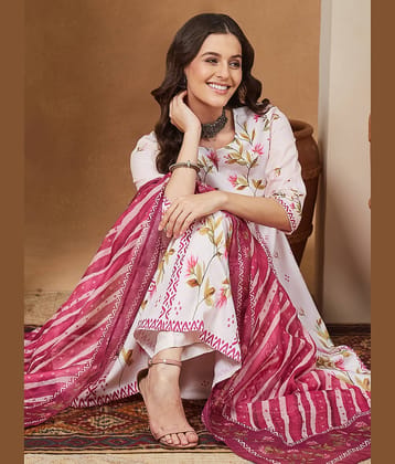 Janasya Women Cotton Blend Printed Anarkali Kurti With Pants ( Cream )