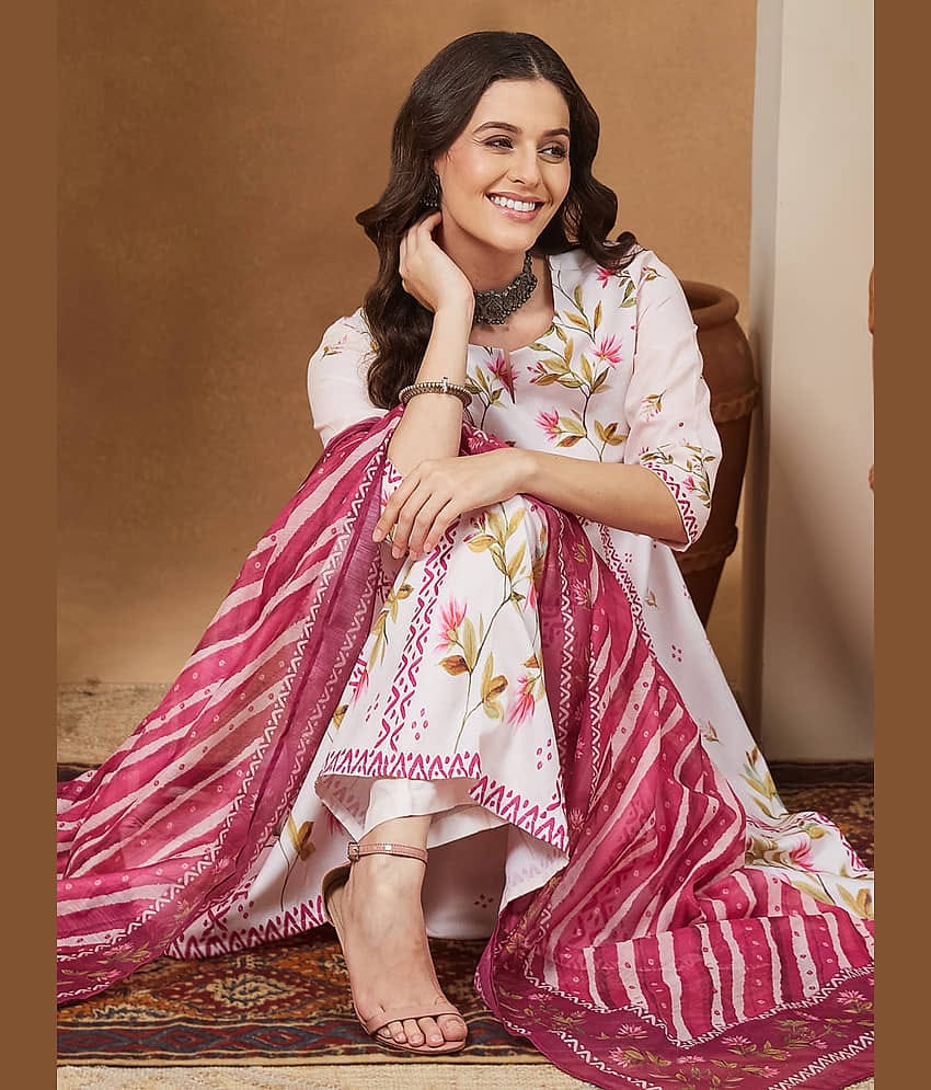 Janasya Women Cotton Blend Printed Anarkali Kurti With Pants ( Cream )
