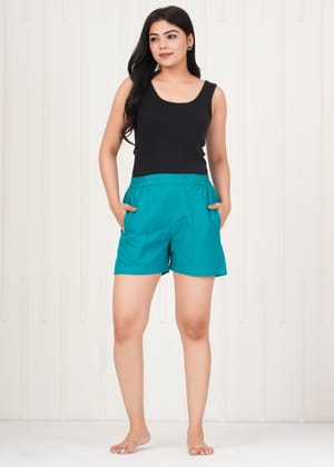 Women's Dark Turquoise Cotton Shorts-S / Dark Turquoise / 100% Cotton