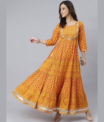 Janasya - Mustard Cotton Women's Tiered Flared Kurti ( Pack of 1 )
