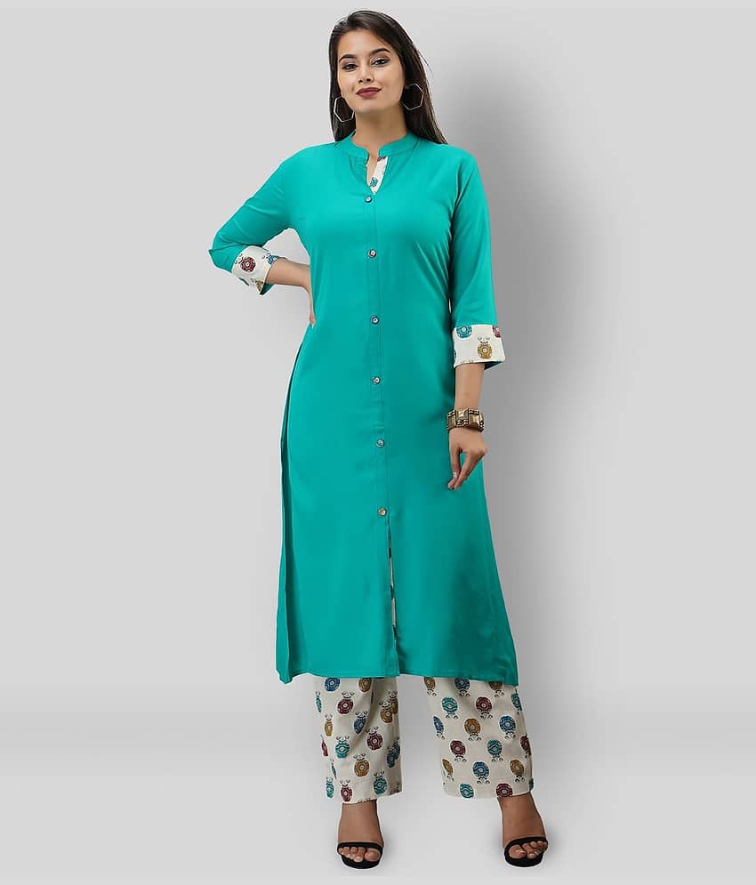 MAUKA - Turquoise Straight Rayon Women's Stitched Salwar Suit ( Pack of 1 )