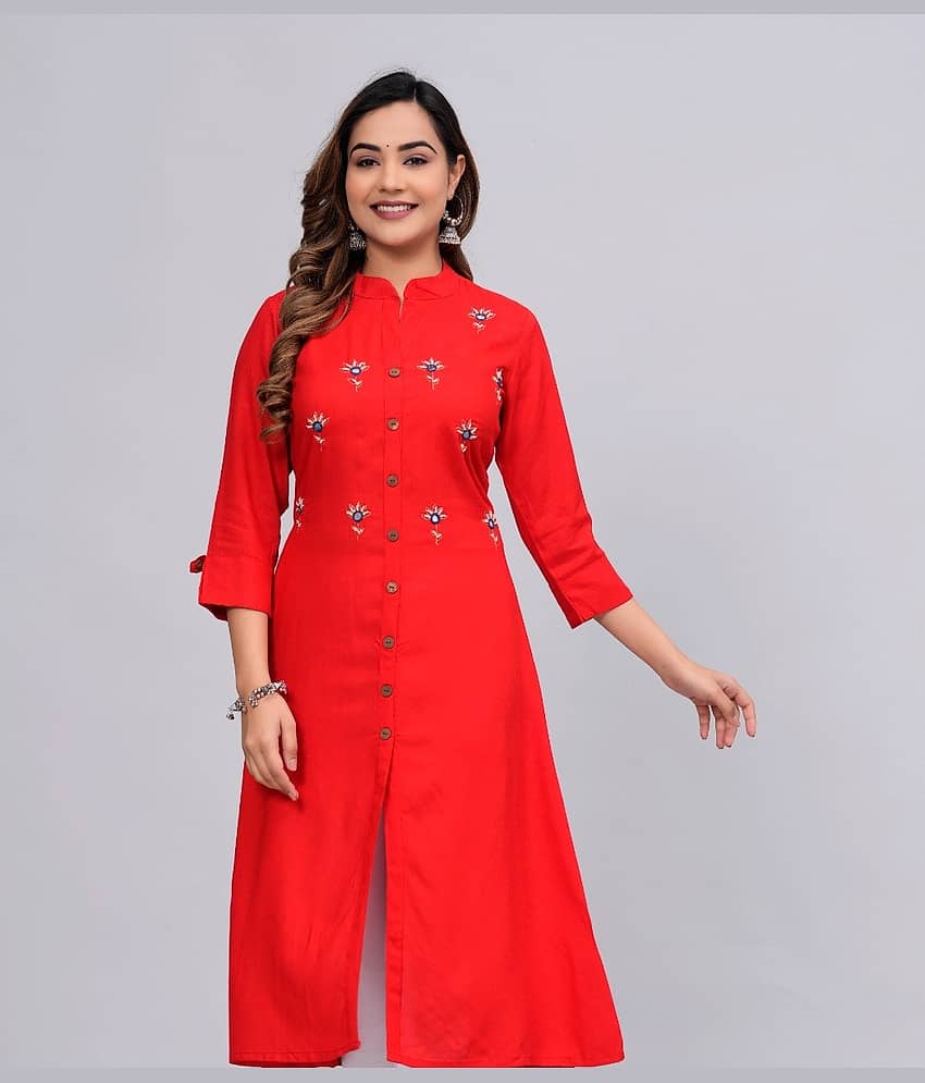MAUKA Rayon Embroidered Front Slit Women's Kurti - Red ( Pack of 1 )