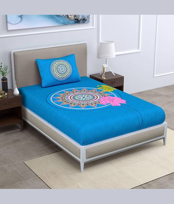 ABHACLOTHO Blue Cotton 1 Single Bedsheet with 1 Pillow Cover ( 215 cm x 150 cm )