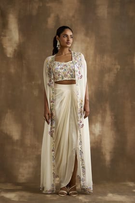 White draped skirt with embroidered crop top & cape-XS-34