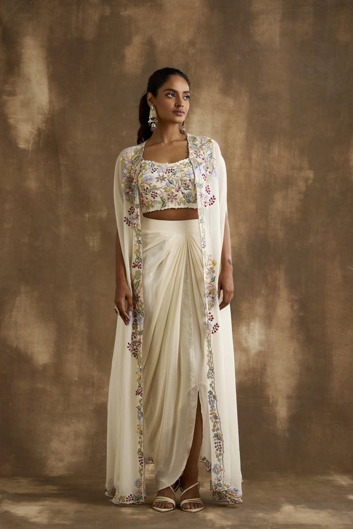 White draped skirt with embroidered crop top & cape-XS-34