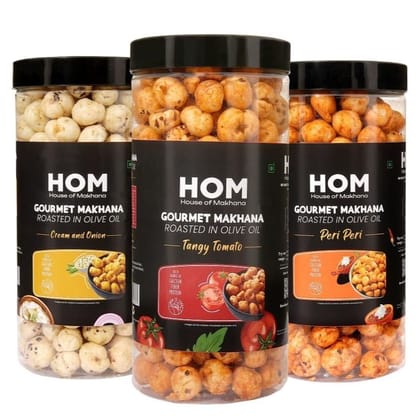 GOURMET MAKHANA Roasted in Olive Oil | Flavors Tangy Tomato, Cream & Onion and Peri Peri | Combo Of 3, 65g Each. - 195 gm