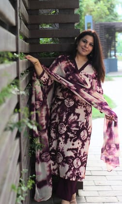 Cotton Wine Shibori Print Suit Set with Chiffon Shibori Dupatta-XXS