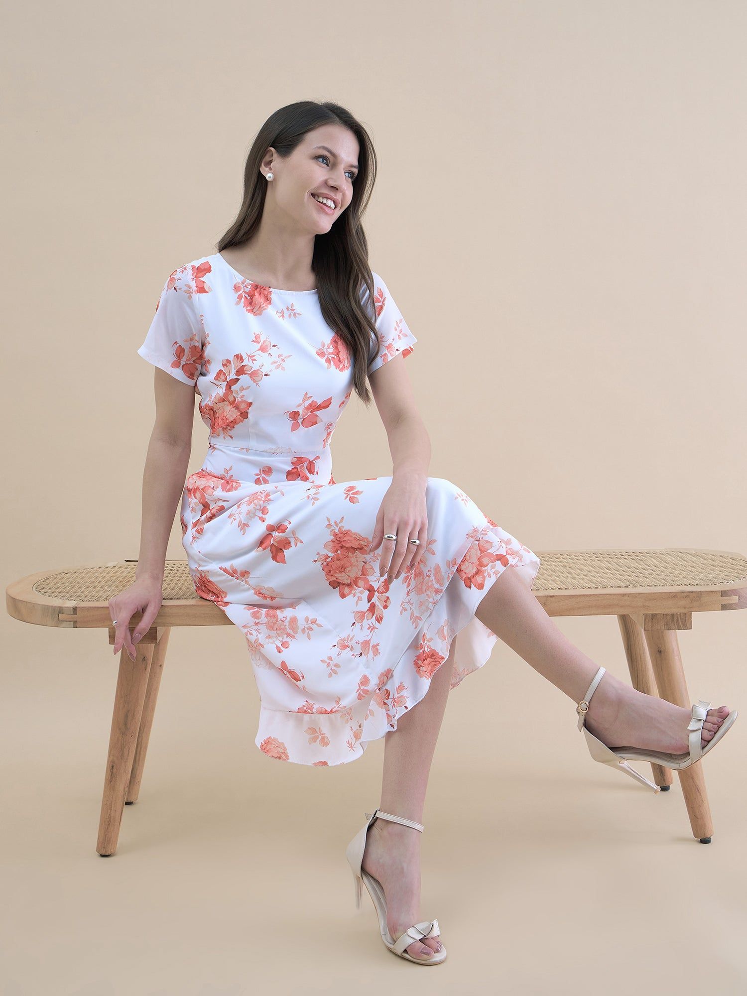Elegant Floral Printed Short Sleeve Midi Dress-L