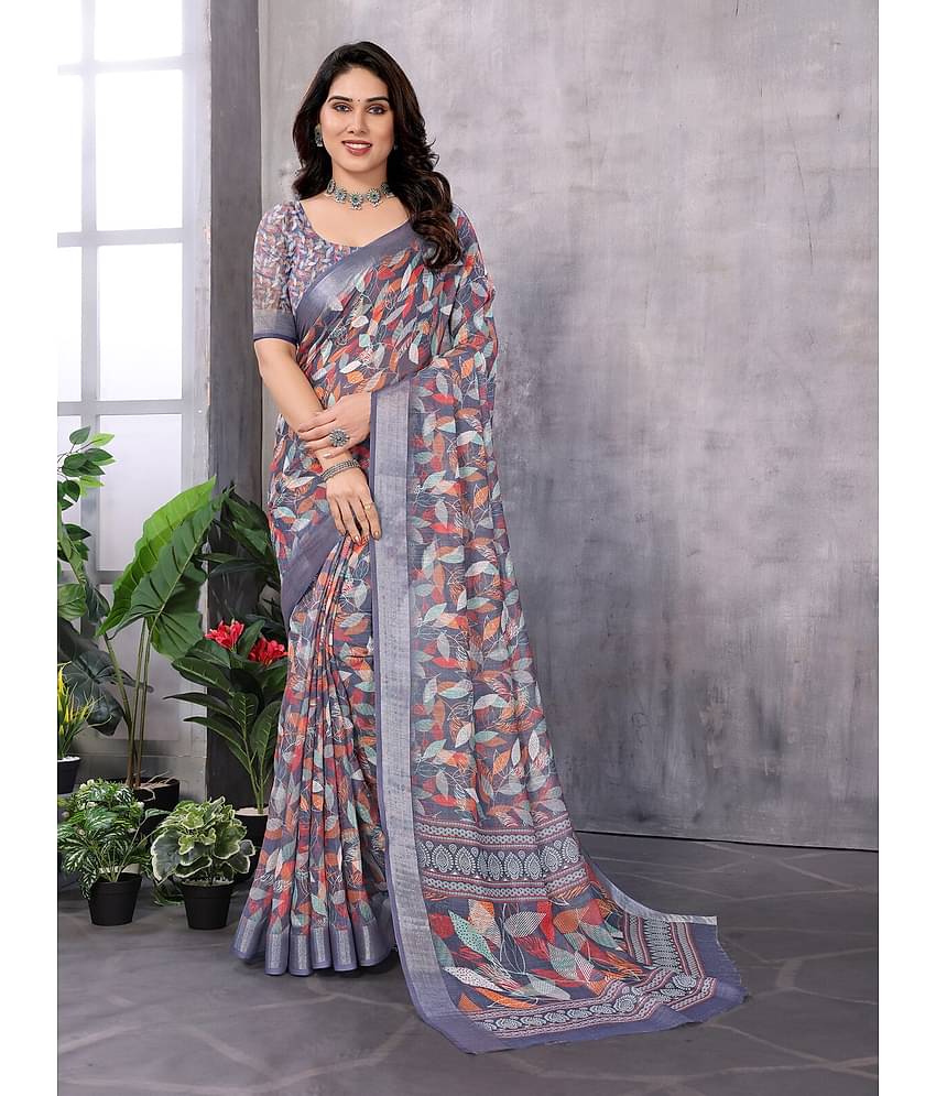 NightBlue Linen Printed Saree With Unstitched Blouse Piece ( Blue )