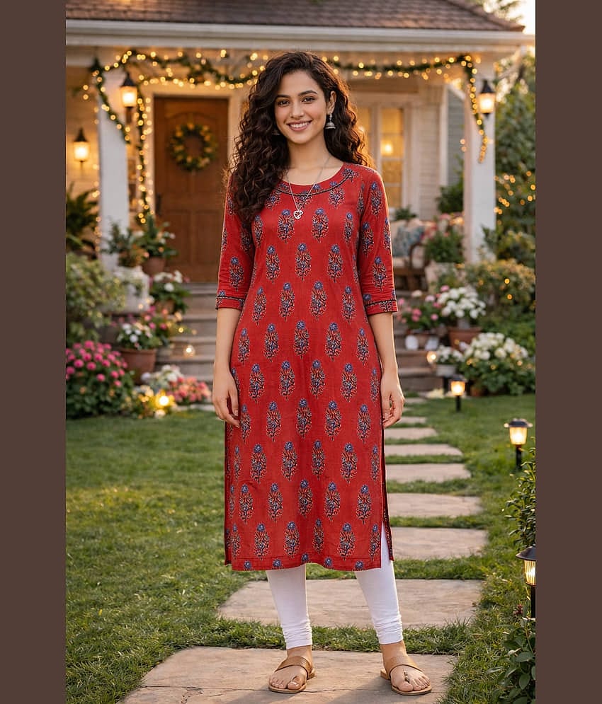 Rajnandini Women 100% Cotton Printed Straight Kurti ( Maroon )