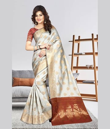 Gazal Fashions Banarasi Silk Embroidered Saree With Unstitched Blouse Piece ( Beige,Maroon )