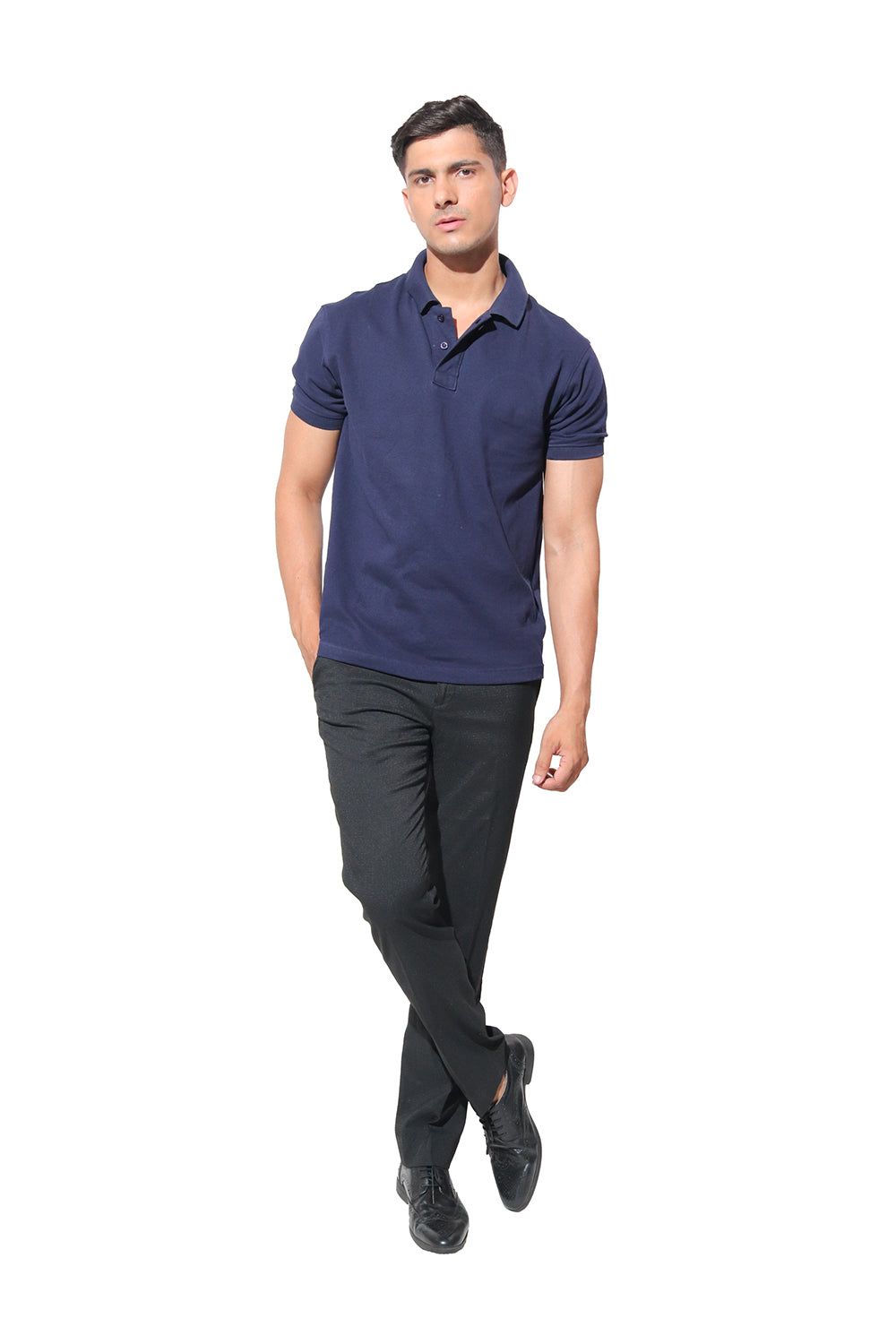 Kinnko Mens Navy Blue Polo Neck Pure Cotton Solid T shirt