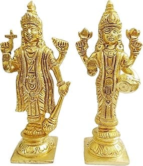 Real Seed Lord Vishnu and Laxmi Standing Statue Made of Solid Fine Brass, Lord Vishnu and Laxmi Narayan Standing Murti - Religious Gift (Idol Size 12 x 6 x 3.7 CMS) Weight - 625 GMS