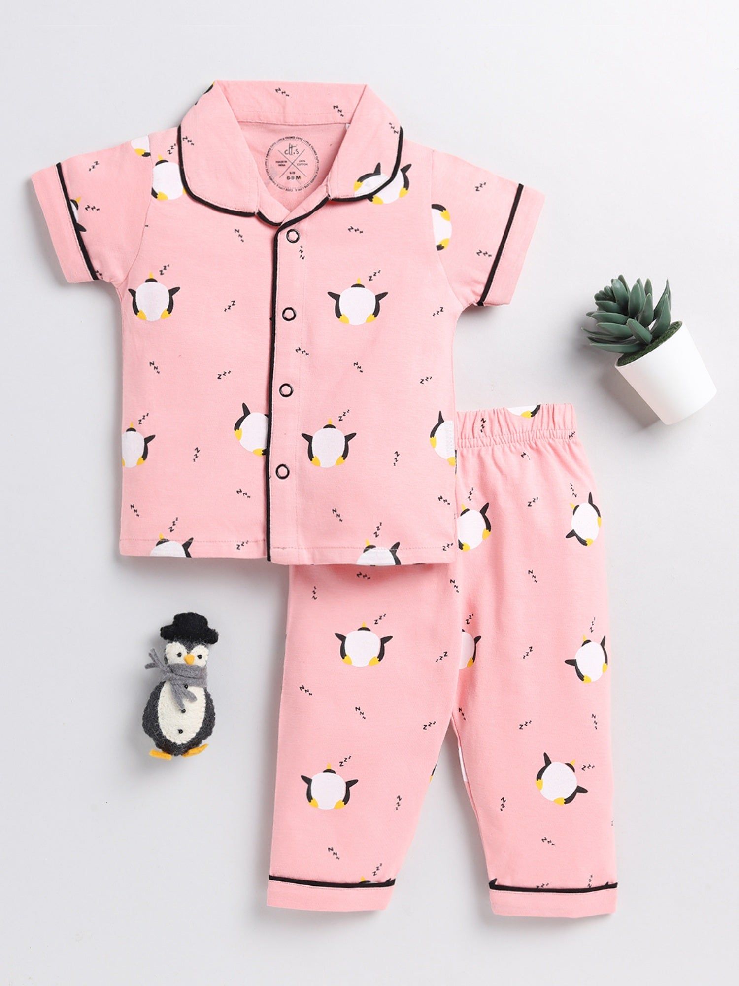 Penguin Print Pink Cotton Half Sleeve Nightwear Set-6-9 m