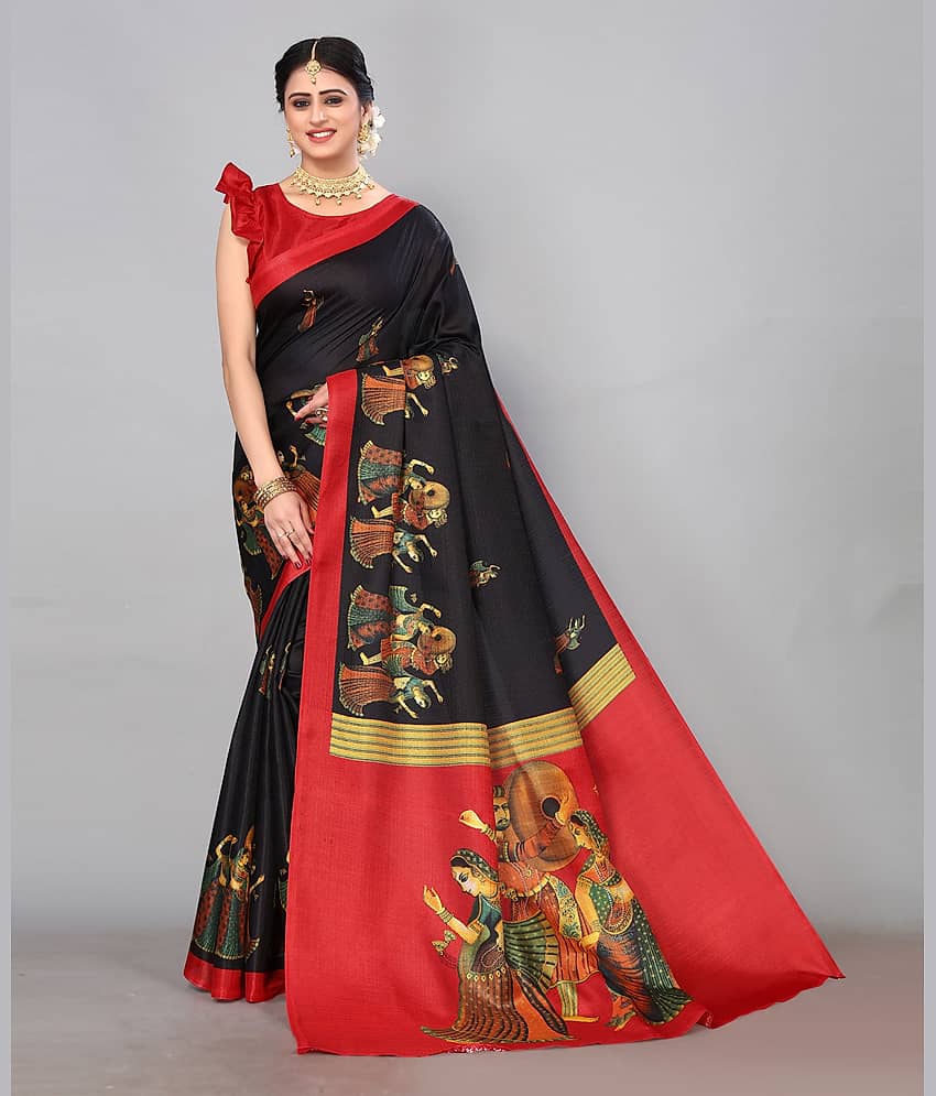 Yashika Art Silk Self Design Regular Saree With Unstitched Blouse Piece ( Black )