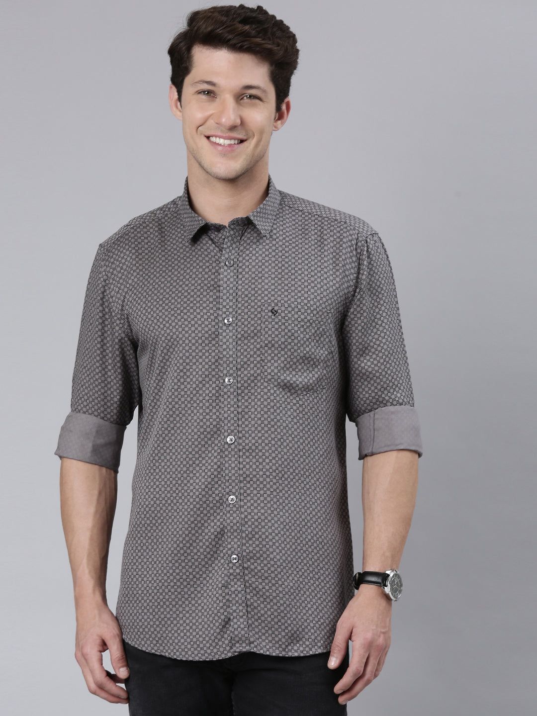 Classic Polo Men's Full Sleeve Dark Grey Polo Neck 100% Cotton Slim Fit Shirt | SP2-CL-69 B-FS-PRT-SF