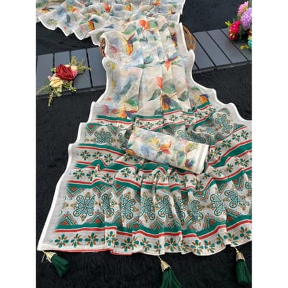 womens linen cotton printed saree with unstitched blouse 5mtr green pid63885