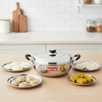 Dhamaka Multi Kadai without Sandwich Bottom Premium Stainless steel - Idli/ Dhokla/ Momos Maker / Patra, 4 Plates