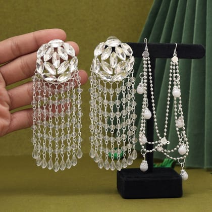 Silver Color Antique Stone Earrings With Chain (ANTE1755SLV)-Default Title / silver / Alloy with Good Quality Silver Plated