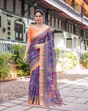 Indigo Blue Floral Print Pure Cotton Linen Saree with Orange Border and Tassels-Regular