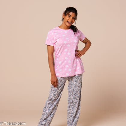 Light pink with stars and grey mix & match night dress-L