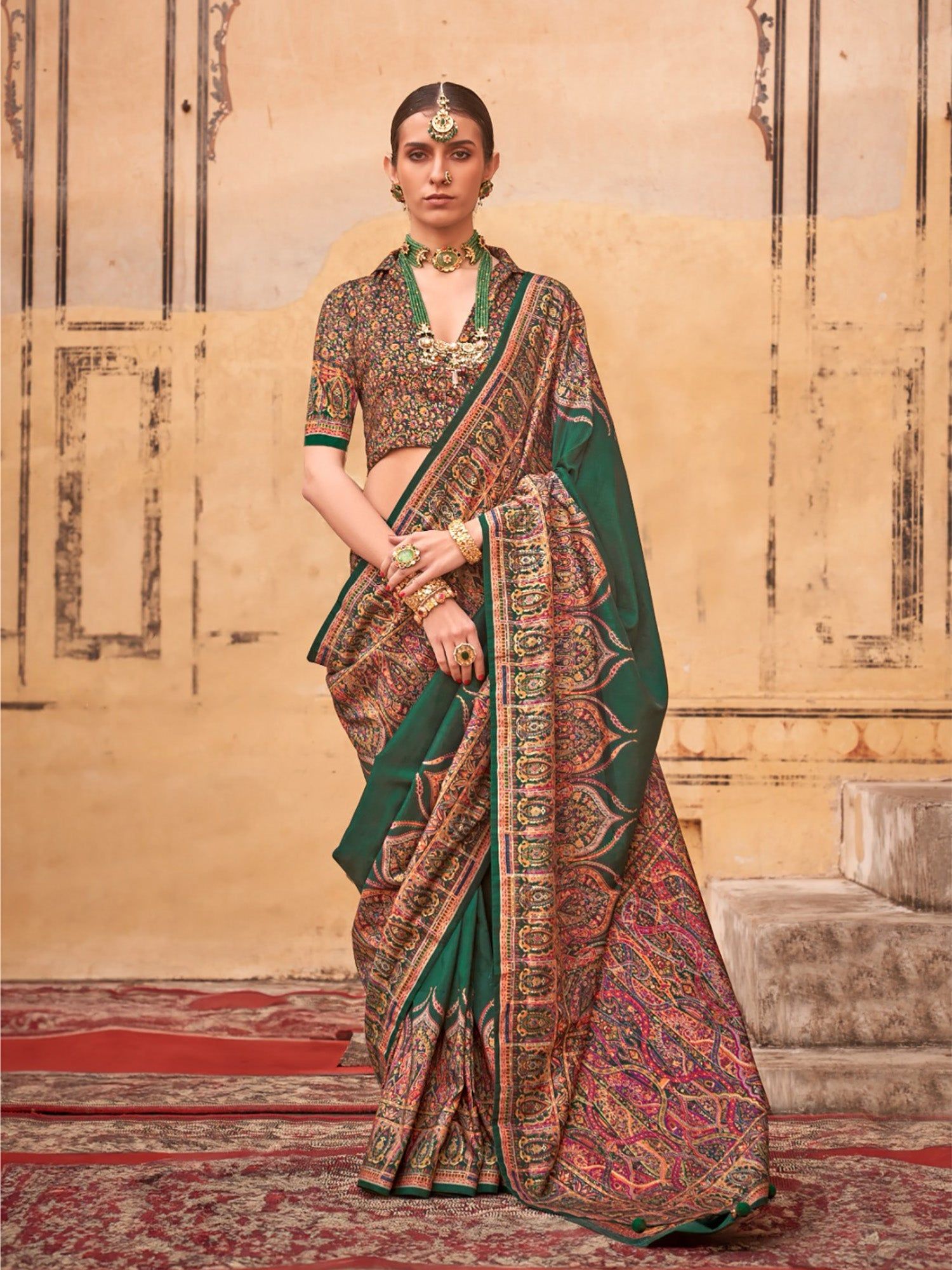 Dark Green Poly Viscose Silk Pashmina Saree
