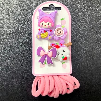 Hair Clip & Hair Hair Rubber Set for Girls Kids (Color - Pink) by Ruhi Import Store