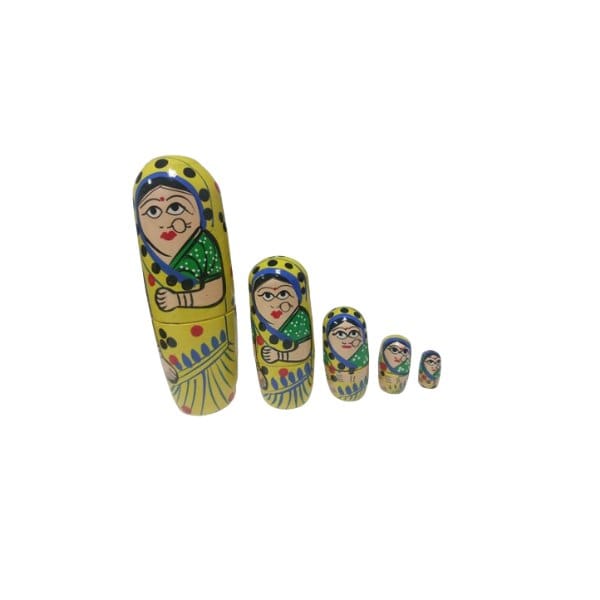 Wooden Handmade and Hand Painted Wooden Women Nesting Dolls (Set of 5) Yellow