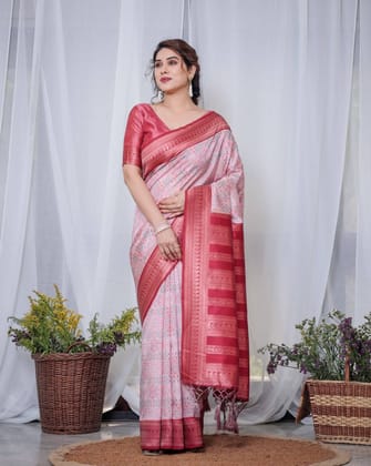 Crimson Red & White Banarasi Silk Saree with Intricate Geometric Motifs-Regular