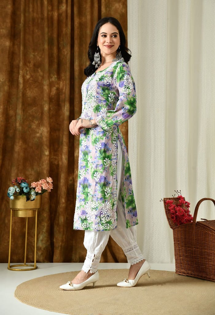 Multi color Mulmul Pure Cotton Lucknow Chikankari Kurta -Green