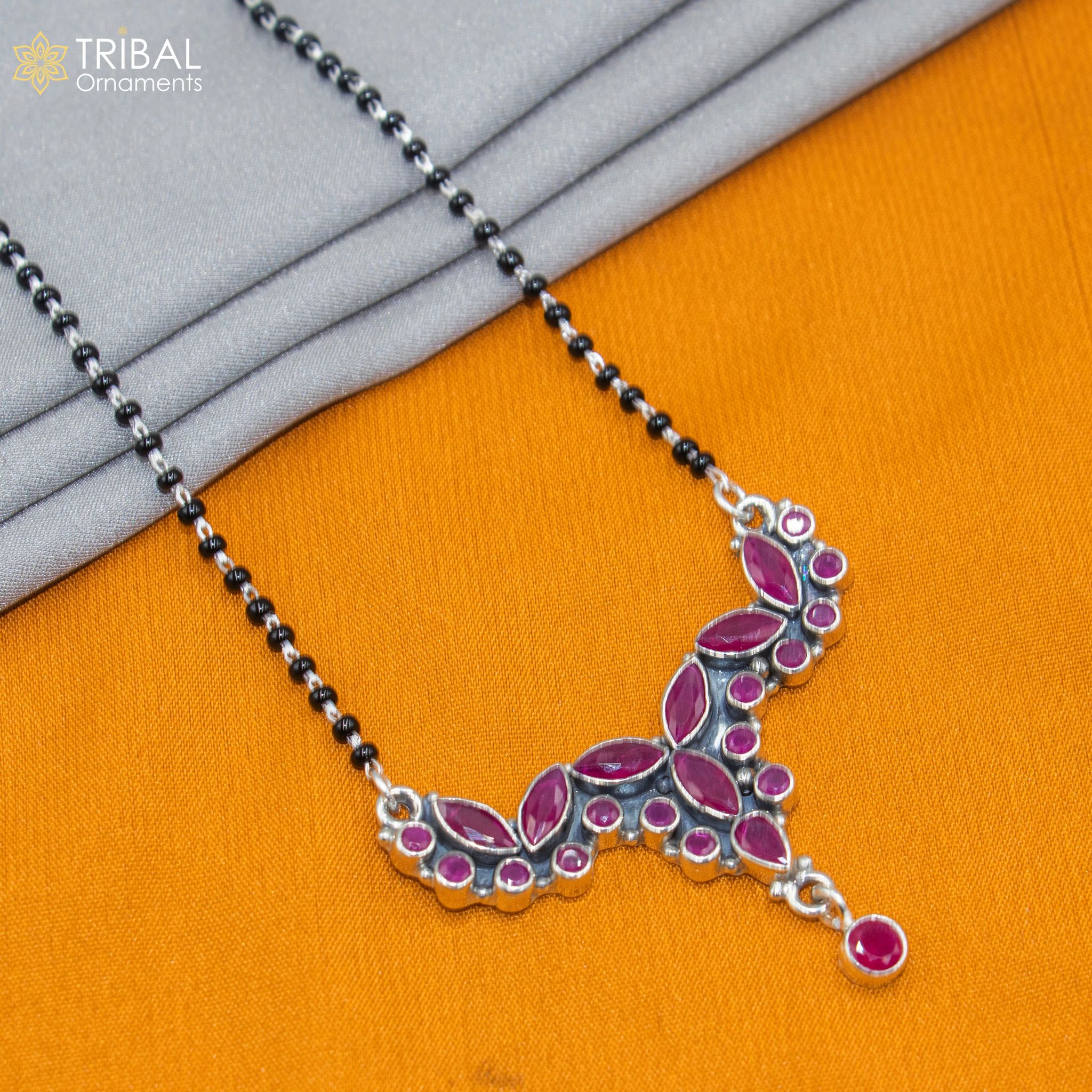 925 sterling silver black beads and red cut stone mangal sutra necklace brides Mangalsutra chunky necklace ms92-16