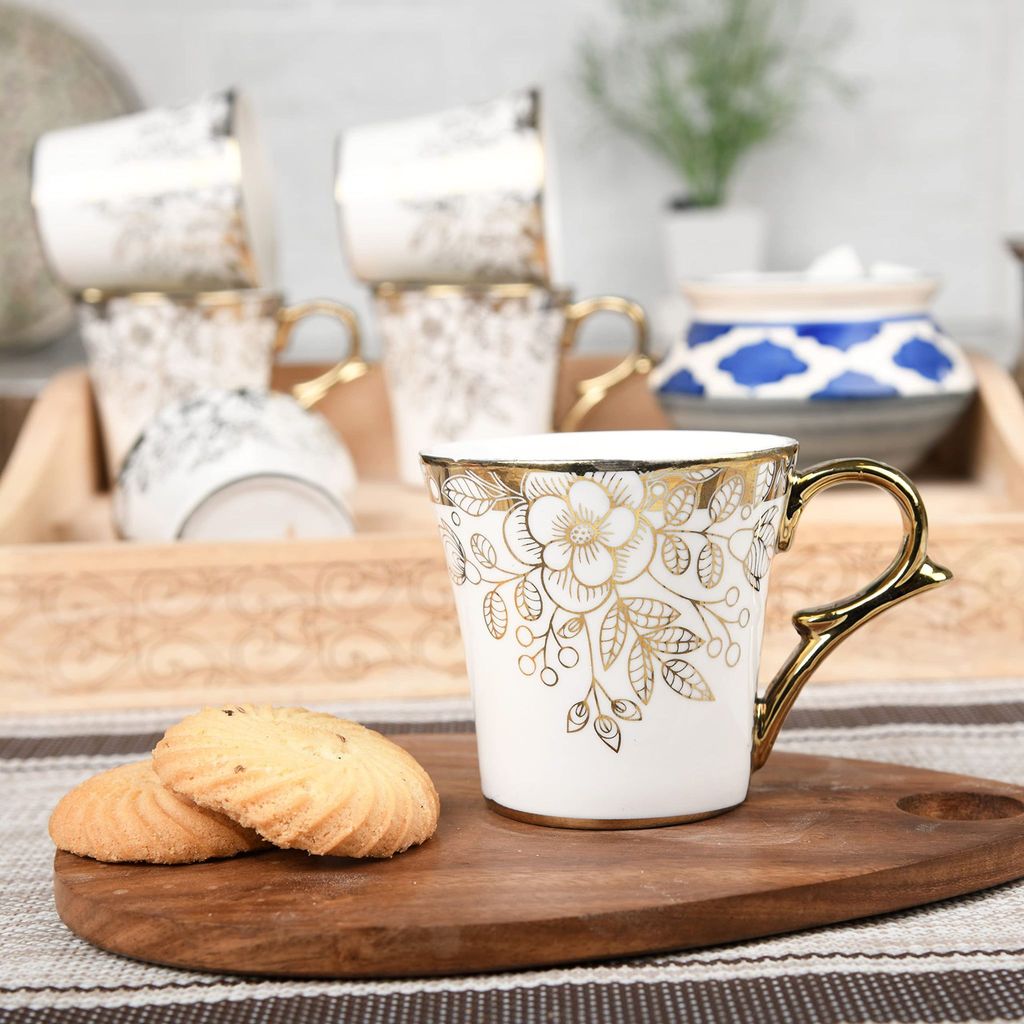 Femora Gold Floral Buds Leaves Tea Mugs, Ceramic Tea Cups, Coffee Mugs (160 ml) - 6 Pcs Set
