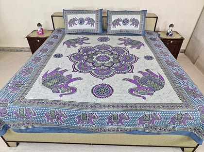 Bed Sheet Set with Two Pillow Covers, Elephant Motifs,Cotton, Purple and Blue and White Size 83 inch X 89 inch, Best use at Single Bed and Deewan