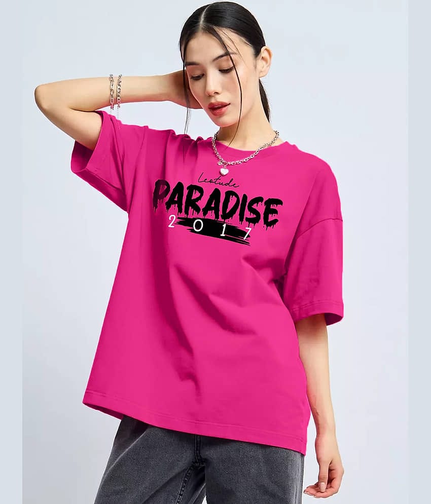 Leotude Women Cotton Blend Printed Oversized Round Neck T-Shirt ( Pink )