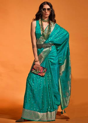 Peacock Green Dual Tone Banarasi Satin Silk Saree