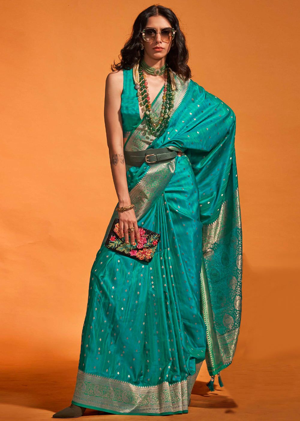 Peacock Green Dual Tone Banarasi Satin Silk Saree
