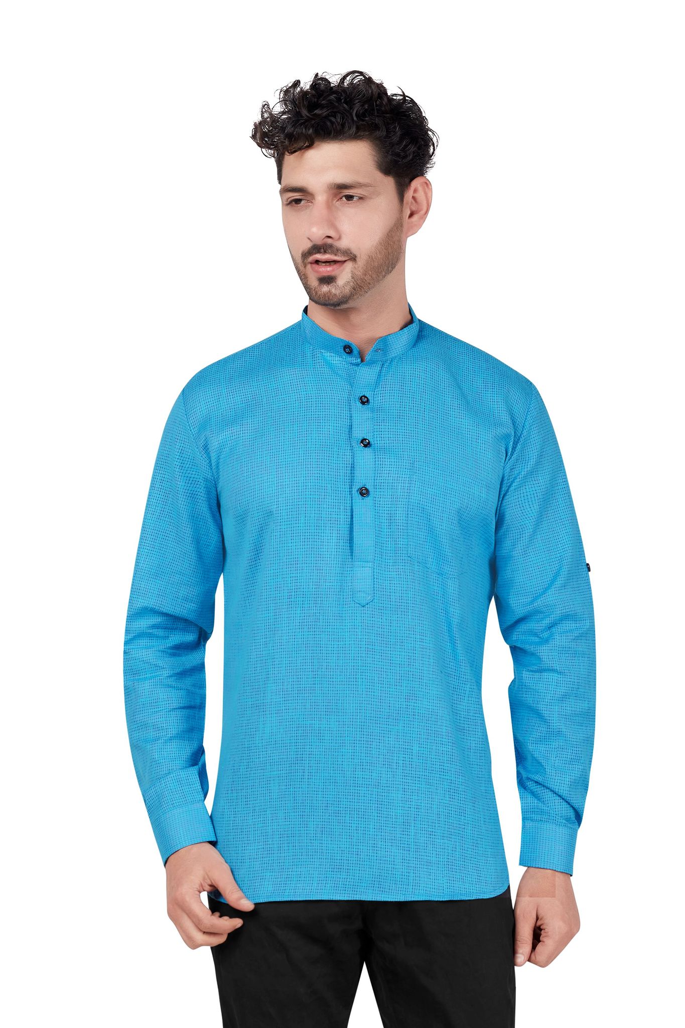 Blue Kurta Shirt - Cotton Casual Regular Fit Mandarin/Chinese Collar