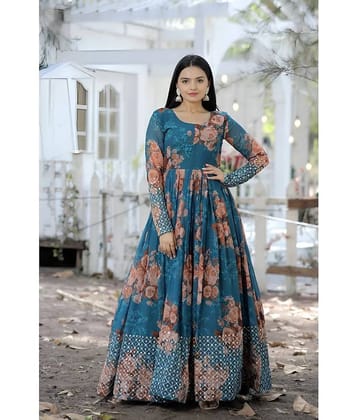 kedar fab Georgette Printed Ankle Length Women's Gown - Blue ( Pack of 1 )
