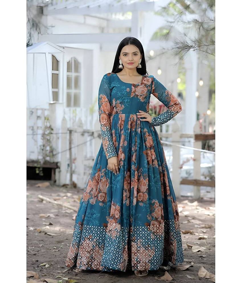 kedar fab Georgette Printed Ankle Length Women's Gown - Blue ( Pack of 1 )