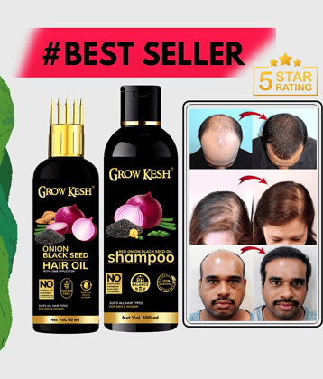 Growkesh Onion Hair Oil for Hair Regrowth and Hair Fall Control with Blackseed with Comb Applicator and Red Onion Shampoo for Anti-dundruff (Onion Hair oil,60ml + Onion Shampoo,100ml)