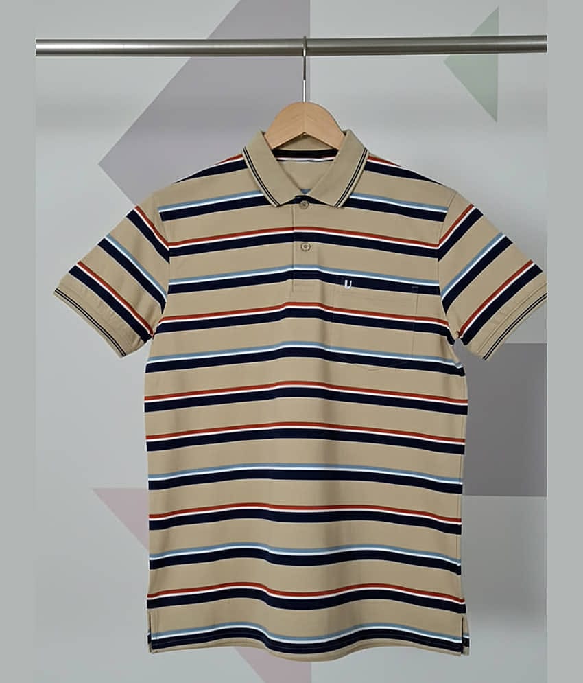 UNIBERRY Men Cotton Blend Regular Fit Striped Polo T Shirt ( Beige )