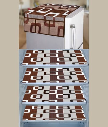 Crosmo Polyester Floral Printed Fridge Mat & Cover ( 64 18 ) Pack of 5 - Brown